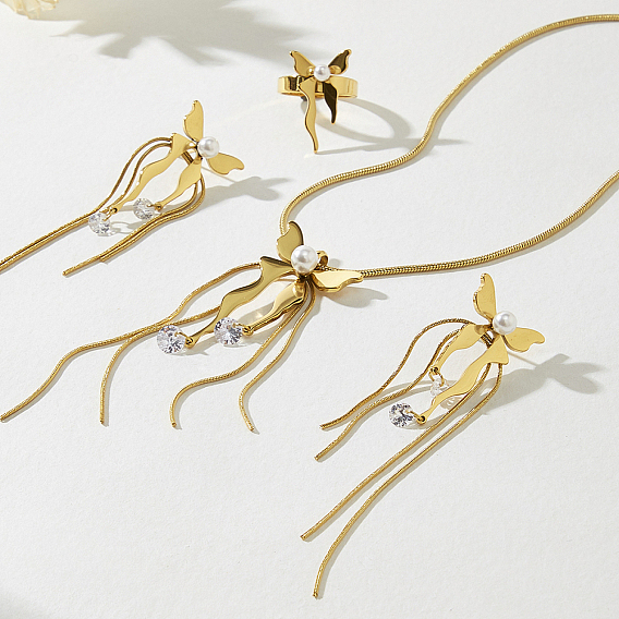 Наборы сережек, ожерелий и колец с имитацией жемчуга и бабочками из нержавеющей стали и пластика для женщин.