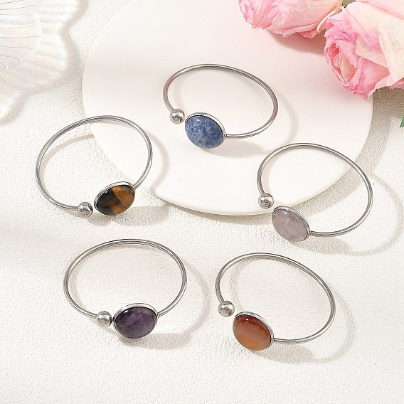304 Stainless Steel Cuff Bangles for Women, with Flat Round Natural Mixed Gemstone, Stainless Steel Color