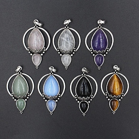 Gemstone Big Pendants, Antique Silver Tone Brass Teardrop Charms