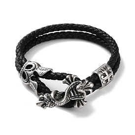 Men's Braided Black PU Leather Cord Multi-Strand Bracelets, Snake 304 Stainless Steel Link Bracelets with Magnetic Clasps