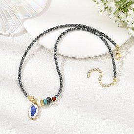 Collares redondos de cuentas de hematita sintética no magnética, ovalados de acero inoxidable impresos con colgante de mano., dorado