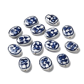 Perles en porcelaine manuelles, porcelaine bleue et blanche , ovale avec des fleurs