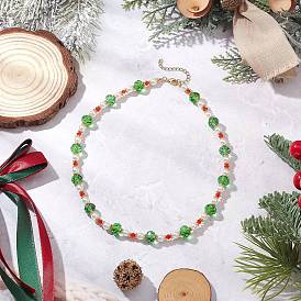 Женские ожерелья из граненого стекла Рондель и белого круглого АБС-пластика с имитацией жемчуга на рождественскую тематику, зеленый и красный