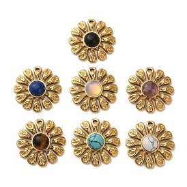 Gemstone Flower Pendants, 304 Stainless Steel Sunflower Charms, Golden