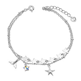 925 Sterling Silver Multi-Strand Bracelets, with Czech Rhinestone and Cable Chains, Star & Starfish/Sea Stars & Whale Tail Shape