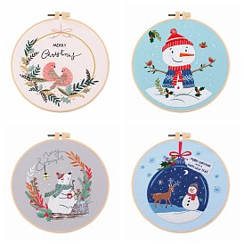 Christmas Snowman/Bear/Bird Pattern Embroidery Starter Kits, including Embroidery Fabric & Thread, Needle, Embroidery Hoop, Instruction Sheet