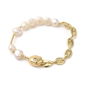 Bracelets de perles naturelles et strass, avec chaînes en grains de café en laiton et fermoirs magnétiques