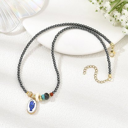 Collares redondos de cuentas de hematita sintética no magnética, ovalados de acero inoxidable impresos con colgante de mano., dorado