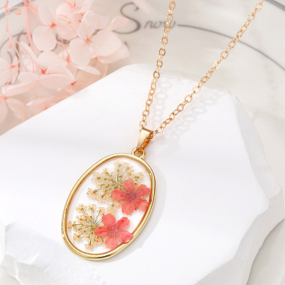 Natural Dried Flower Necklace with Geometric Resin Pendant and Transparent Droplet, for Women's Sweater Chain.