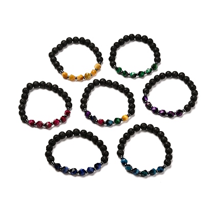 Dyed & Heated Natural Tiger Eye Beads  Stretch Bracelets Set, with Natural Lava Rock Beads and Non-Magnetic Synthetic Hematite Beads