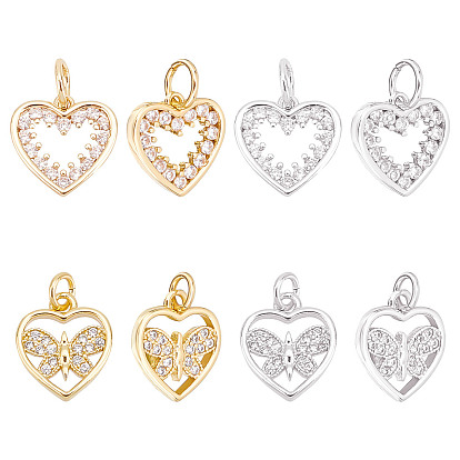 8Pcs 2 Style Brass Micro Pave Clear Cubic Zirconia Pendants, with Jump Rings, Long-Lasting Plated, Cadmium Free & Lead Free, Heart
