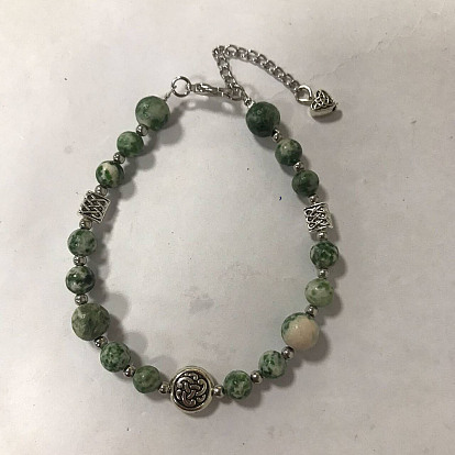 Bracelet en perles de jaspe vert naturel et de fleurs en alliage pour femmes