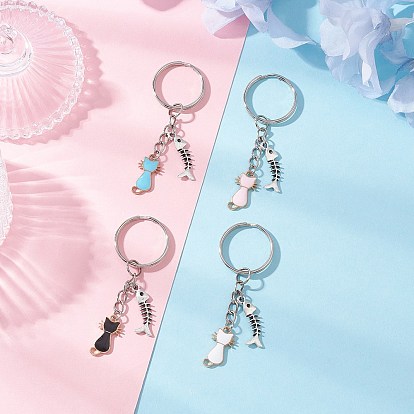 Подвесные брелки из сплава эмали, с железными разрезными брелоками, форма кошки с рыбьей костью