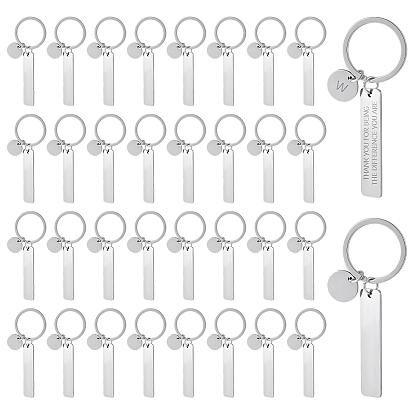 201 Porte-clés pendentifs vierges en acier inoxydable, avec porte-clés fendu, rond plat rectangle
