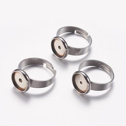 Adjustable 201 Stainless Steel Finger Rings Components, Pad Ring Base Findings, Flat Round