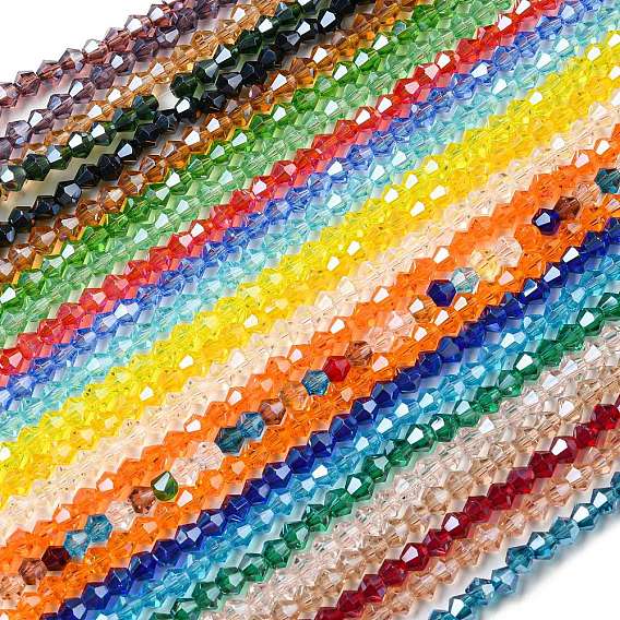 Прозрачные стеклянные бусины гальваническим пряди, гальваническое покрытие, граненые, двухконусные