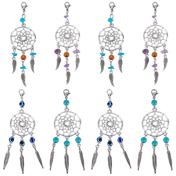 16шт 4 стили подвески из сплава украшения, тканая сетка/паутина с подвеской из перьев, с бусинами из драгоценных камней/смолы и латунными застежками-карабинами, старинное серебро и платина