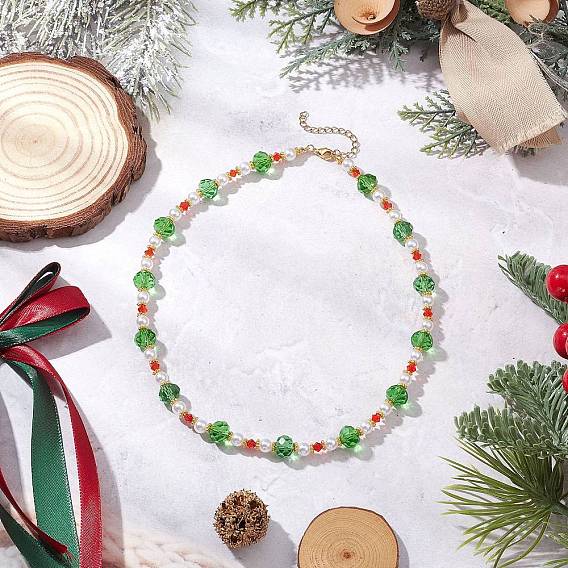 Женские ожерелья из граненого стекла Рондель и белого круглого АБС-пластика с имитацией жемчуга на рождественскую тематику, зеленый и красный