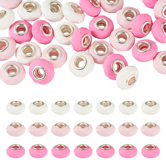30Pcs Spray Painted Faceted Resin European Beads, Large Hole Beads, Rondelle with Silver Color Plated Brass Cores