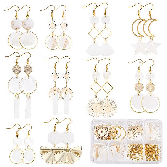 Набор для изготовления сережек с подвесками в форме геометрии своими руками, включая солнце, луну, веер, шестигранник и ромб из натуральной оболочки, латунь, железо и сплав, соединители и подвески, Латунные крючки для сережек