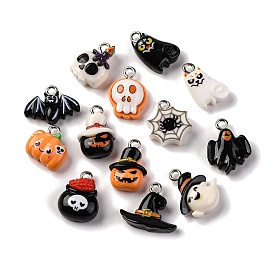 Halloween Theme Opaque Resin Pendants, with Platinum Plated Iron Loops