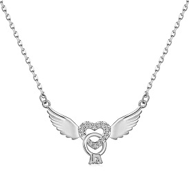 925 Sterling Silver Pendant Necklaces, Micro Pave Cubic Zirconia, Heart with Wing