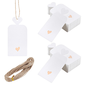 200 шт бумажные подарочные бирки, с джутовой веревкой длиной 40м, Прямоугольник с сердцем