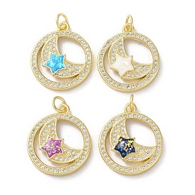 Brass Micro Pave Clear Cubic Zirconia Pendants, with Synthetic Opal and Jump Ring, Real 18K Gold Plated, Flat Round with Moon and Star