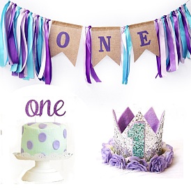 One Year Birthday Party Cloth Flag Banner, Cake Topper, Crown Hat for Party Home Decoration Set
