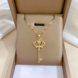 Collier de mariage de fête de luxe - chaîne en acier titane clé couronne, chaîne de clavicule.