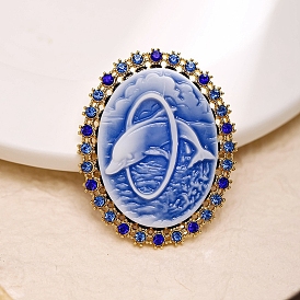 Resin Pin, Alloy Rhinestone Brooch for Backpack Clothes, Oval with Dolphin