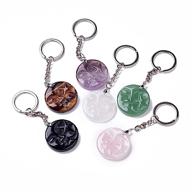 Flat Round with Moon & Star Natural Gemstone Pendant Keychain, with Alloy & Brass Findings