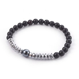 Natural Black Agate(Dyed) Beads Stretch Bracelets, with Non-Magnetic Synthetic Hematite Beads