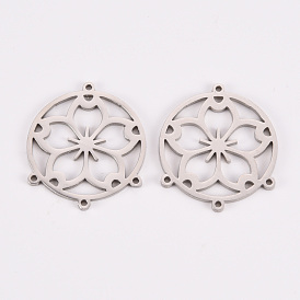 304 Stainless Steel Chandelier Component Links, Laser Cut, Flat Round with Flower