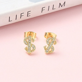 Серьги-гвоздики из латунного микро-паве, знак доллара, стойки покрытие, без кадмия и без свинца