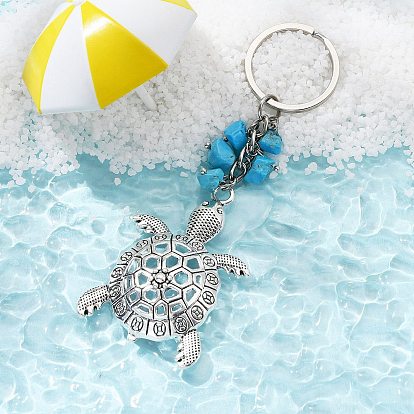 Starfish/Tortoise Alloy Pendant Keychains, with Iron Keychain Ring and Synthetic Turquoise Chip