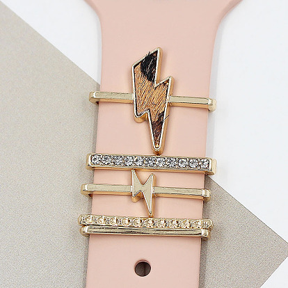 Juego de dijes de banda de reloj de piel sintética de aleación de relámpagos, rectángulo pedrería reloj banda anillo decorativo bucles