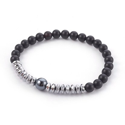 Natural Black Agate(Dyed) Beads Stretch Bracelets, with Non-Magnetic Synthetic Hematite Beads