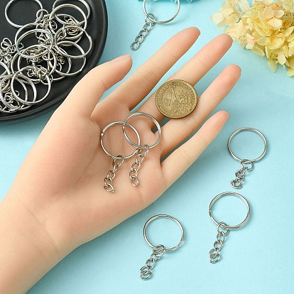 Iron Split Key Rings, with Curb Chains, Keychain Clasp Findings