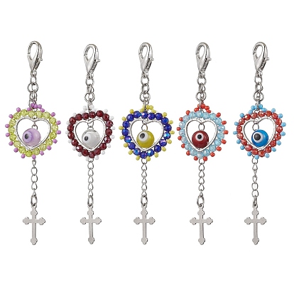 Подвеска в виде сердца из стеклянных бусин и лампворк ручной работы от сглаза, с 304 подвесками-крестиками из нержавеющей стали и застежками-лобстерами