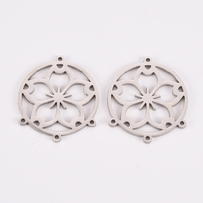304 Stainless Steel Chandelier Component Links, Laser Cut, Flat Round with Flower