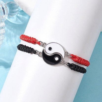 2Pcs 2 Style YinYang Alloy Link Bracelets Set, Adjustable Polyester Braided Couple Bracelets