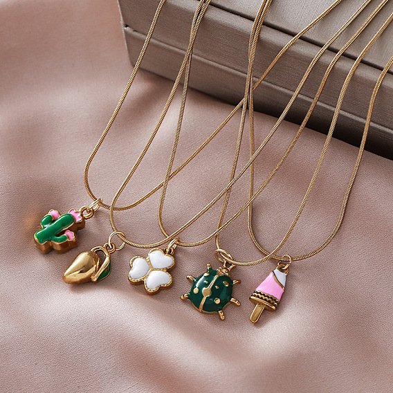 Vintage 304 Stainless Steel Enamel Pendant Round Snake Chain Necklaces for Women, Golden