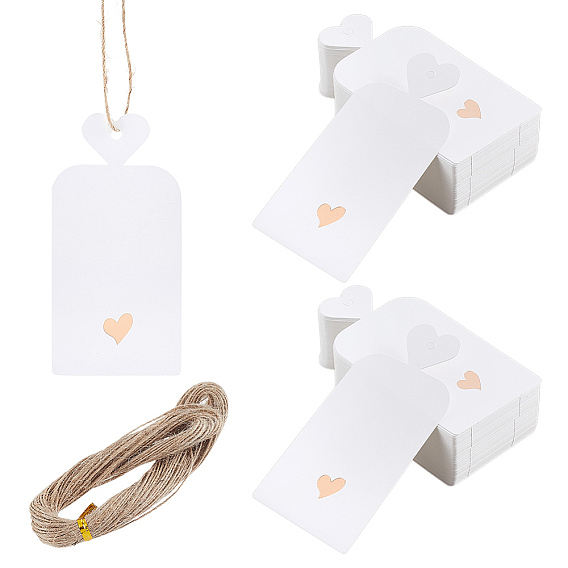 200 шт бумажные подарочные бирки, с джутовой веревкой длиной 40м, Прямоугольник с сердцем