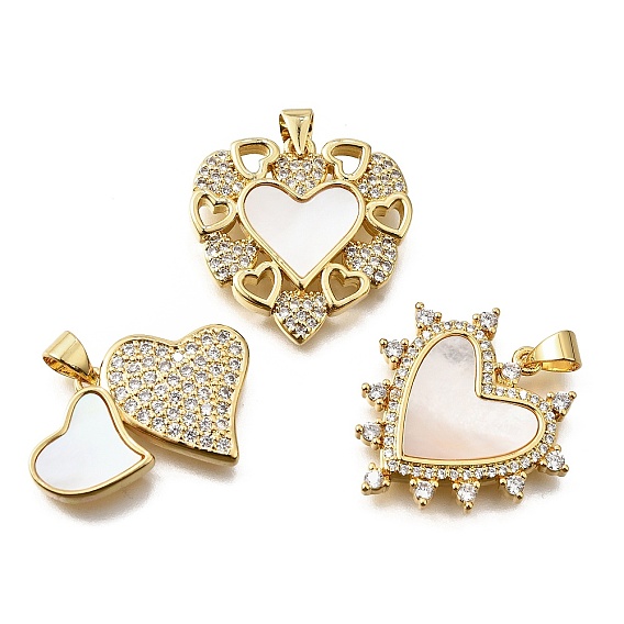 Подвески в форме ракушек из латуни с микропаве и кубическим цирконием, без кадмия и без свинца, сердце