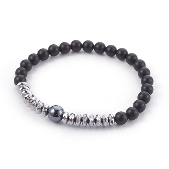 Natural Black Agate(Dyed) Beads Stretch Bracelets, with Non-Magnetic Synthetic Hematite Beads