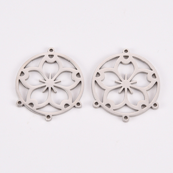 304 Stainless Steel Chandelier Component Links, Laser Cut, Flat Round with Flower