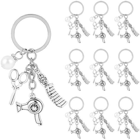 20Pcs Daily Use Subject Keychains, Alloy Comb Hair Dryer Scissors, with Iron Split Key Rings