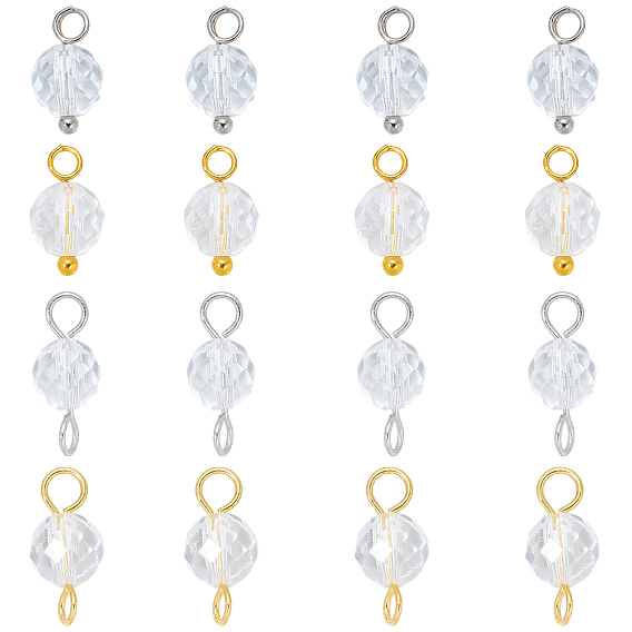 16Pcs 4 Styles Natural Quartz Crystal Charms with April Birthstone Connector Charms, with Brass Findings, Round Charms