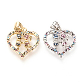 Brass Micro Pave Clear Cubic Zirconia Pendants, Heart with Couple, Long-Lasting Plated, Heart with Human, Colorful